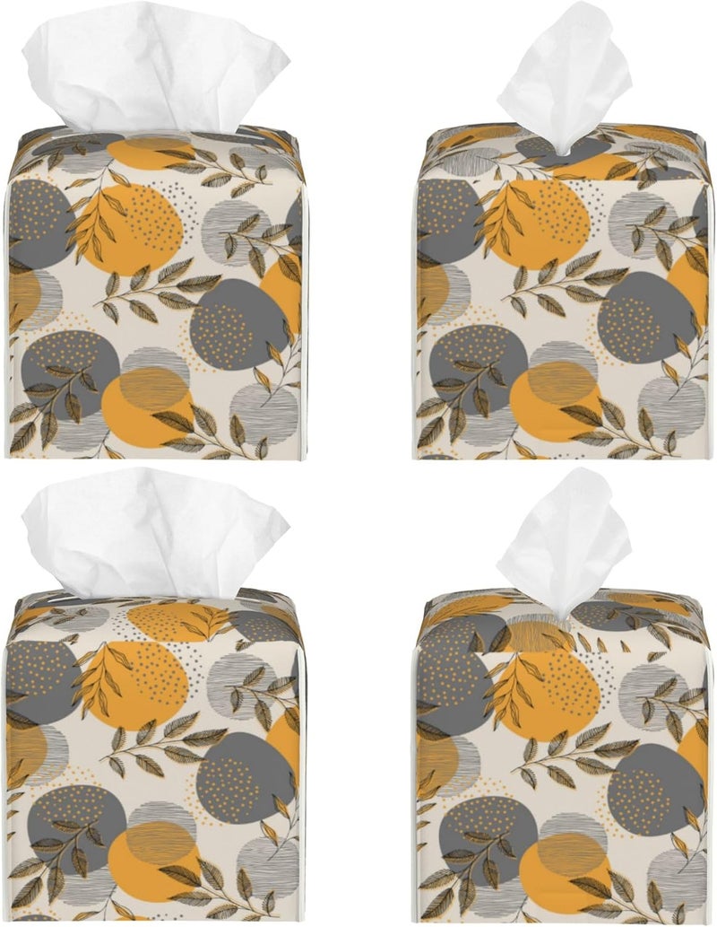 sndheke Boho Abstract Leaves Tissue Box Cover Square,Linear Boho Leaves and Geometric Tissue Box Holder Waterproof Leather Facial Paper Organizer Dispenser for Bathroom Home Car Nightstand Vanity Desk - Image 2